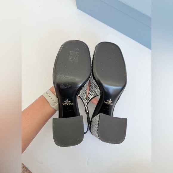 PradaBlack Satin Leather Jewel embellished Triangle logo slingback pumps EU 39 - Picture 10 of 14